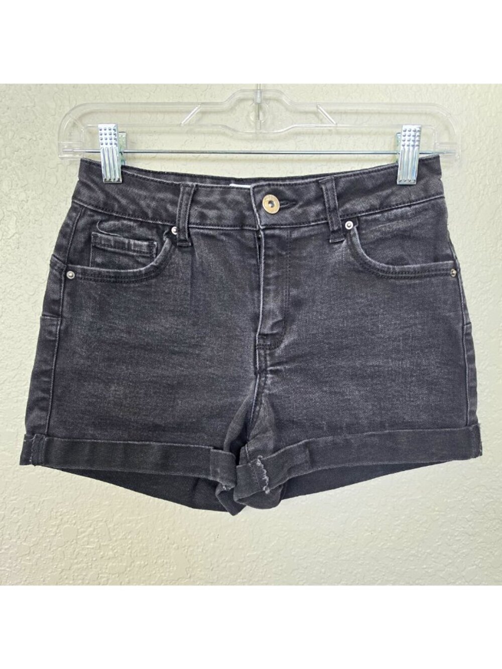 Wax Jean Women's Dark Gray Denim Shorts Size S Cuffed 5-Pocket Zip Mid Rise